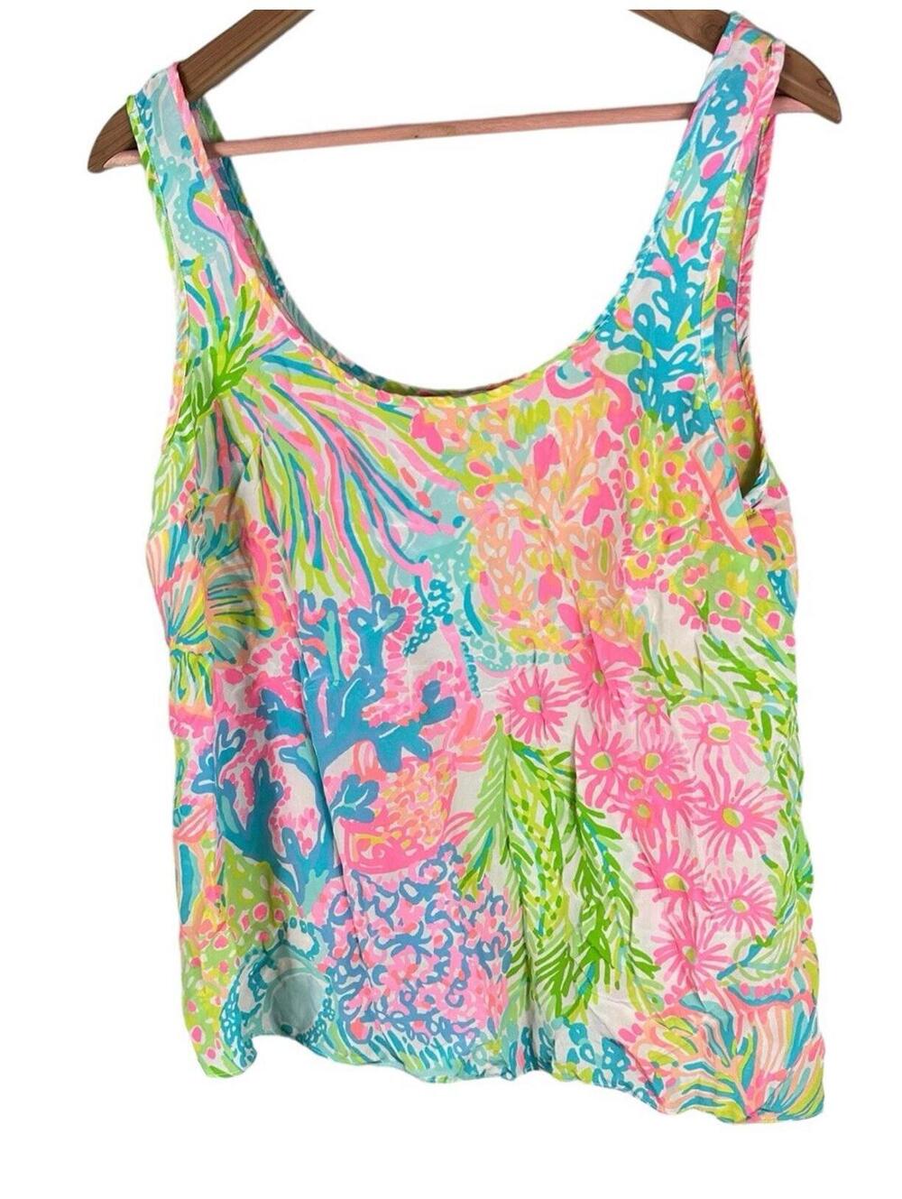 Lilly Pulitzer Cosmos Silk Lovers Coral Colorful Tank Top, Size Large